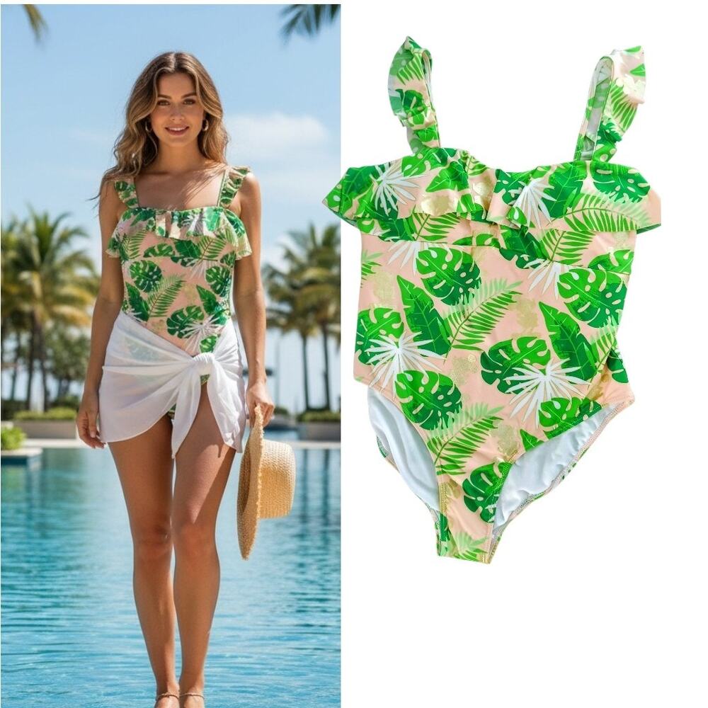 Disney Mickey Mouse Tropical One Piece Swimsuit Women's 1X Pink Green